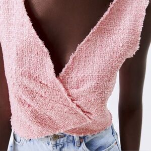 ZARA Textured Weave Crop Top Tank Pink Tweed Distressed Sleeveless Top Sz Medium